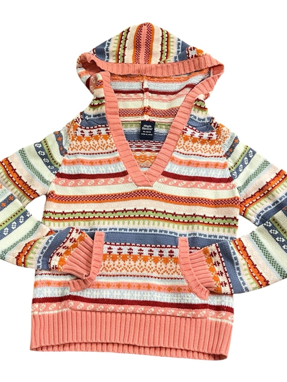 Vintage High Sierra Coral/Pink  Multi-Stripe Hooded Sweater size M